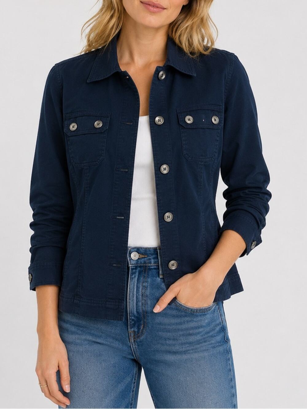 Jones New York Women's Classic Fit Cargo Jacket Utility Button Front Navy Blue